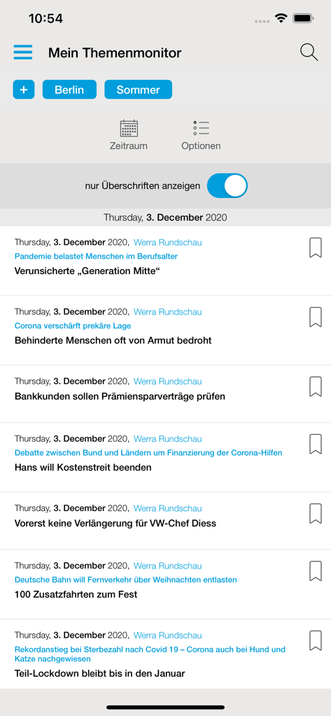 WR ePaper - Screenshot of the WR ePaper app showing the topic monitor feature with a list of German news articles