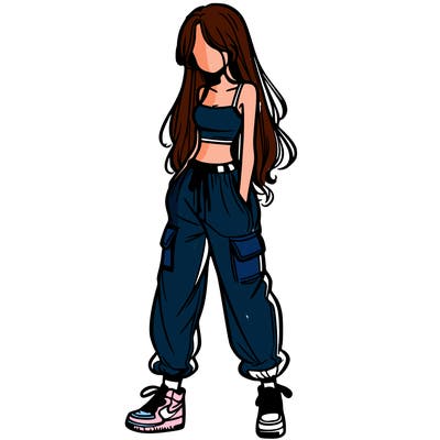 girl in baggy pants crop top and long hair