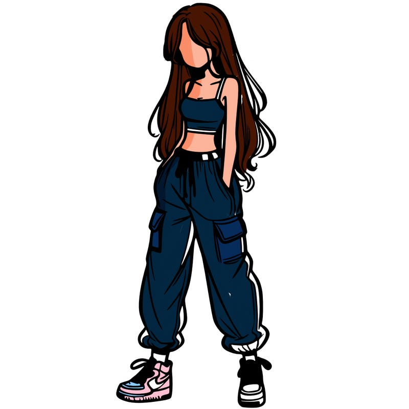 girl in baggy pants crop top and long hair