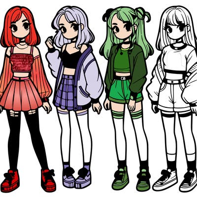 one girl with crop-top shirt and a jacket with a skirt, long socks and another girl with a shirt and pants with a jacket