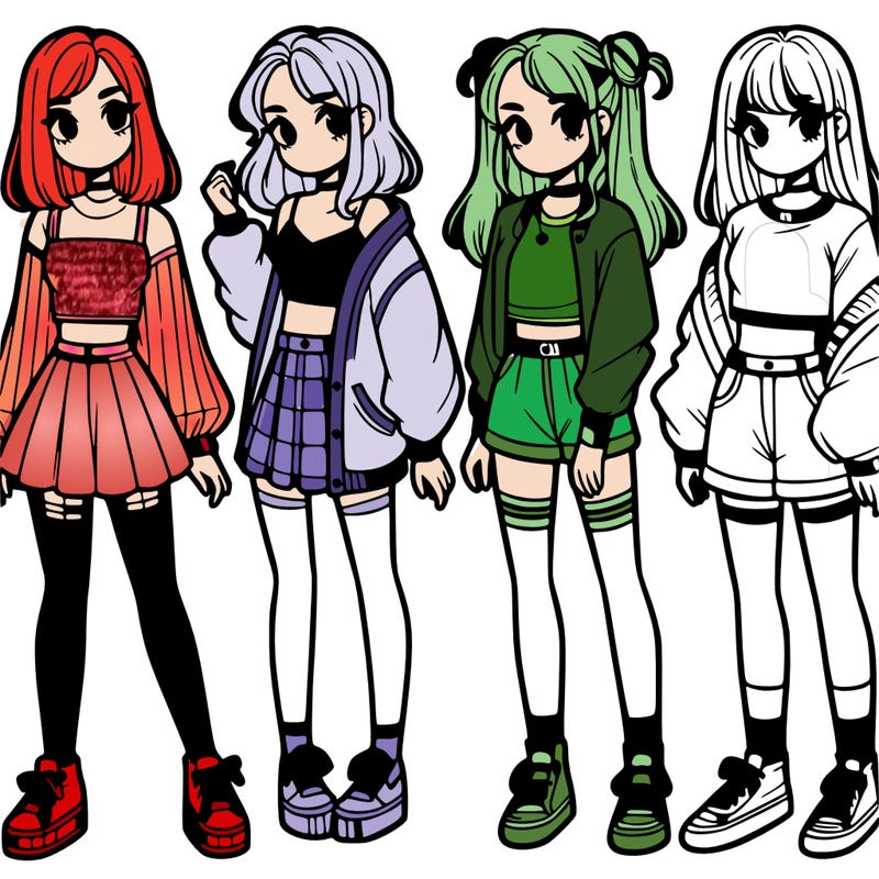 one girl with crop-top shirt and a jacket with a skirt, long socks and another girl with a shirt and pants with a jacket