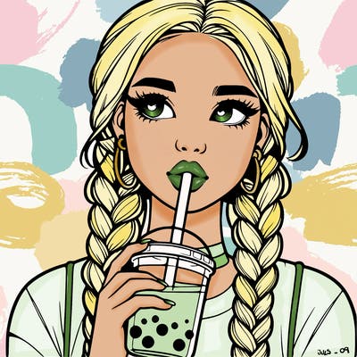 realistic girl with braided hair drinking boba