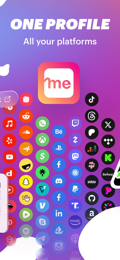 Linkme 앱 인터페이스로, 단일 디지털 프로필에 통합된 다양한 소셜 미디어 및 네트워킹 아이콘이 표시됨