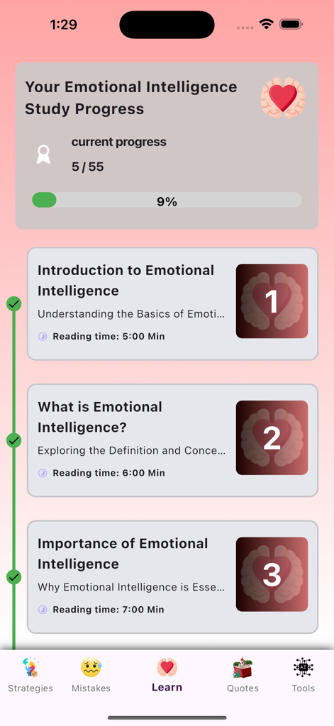 Dashboard di avanzamento dell'apprendimento e lista delle lezioni nell'app Maestria nell'Intelligenza Emotiva