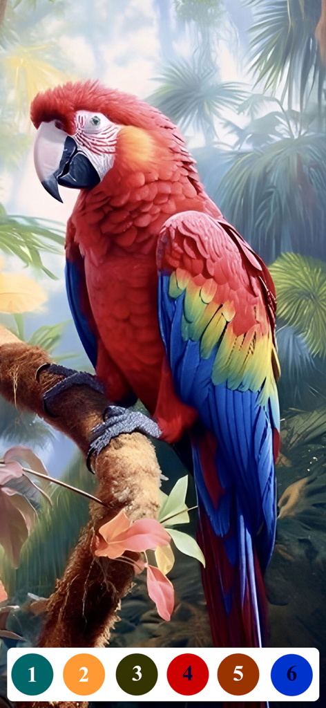 Senior Color - Paint By Number - A vibrant macaw parrot digital coloring page with large numbered color buttons at the bottom.