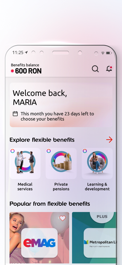 Edenred Benefit - Interfaz de la aplicación Edenred Benefit mostrando un saldo de 600 RON y opciones de beneficios flexibles como servicios médicos y pensiones privadas