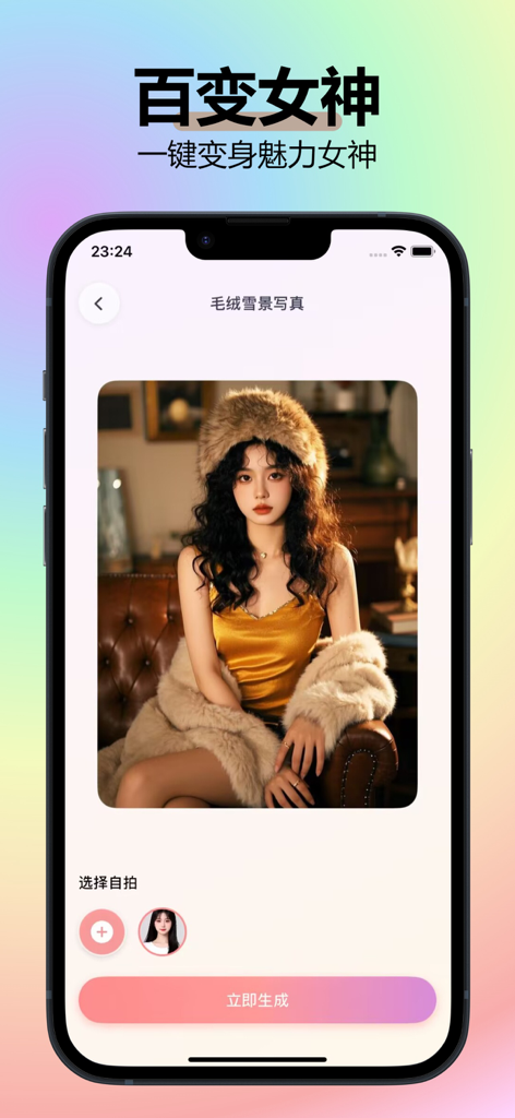 即拍 - 换脸换装软件 - Ji Pai app interface showing an AI fashion transformation into a glamorous goddess style