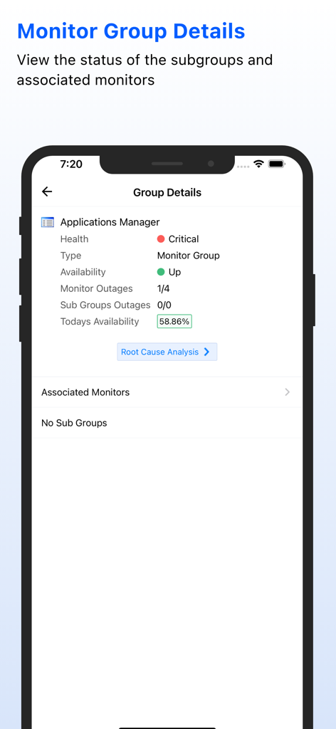 Applications Manager Intuneアプリのインターフェース。ヘルスステータスと根本原因分析を含むモニターグループの詳細を表示。