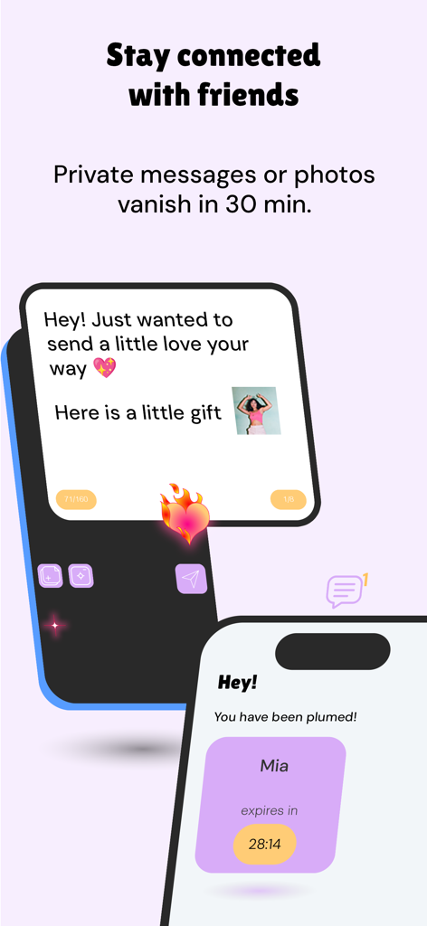 Plume - secure photo sharing - Plume app interface showing a private photo message and a notification with a 30-minute expiration timer