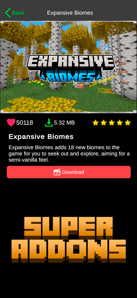 Ultimate Skins for Minecraft - Detailed view of the Expansive Biomes addon within the Ultimate Skins for Minecraft app featuring a birch forest and download button.