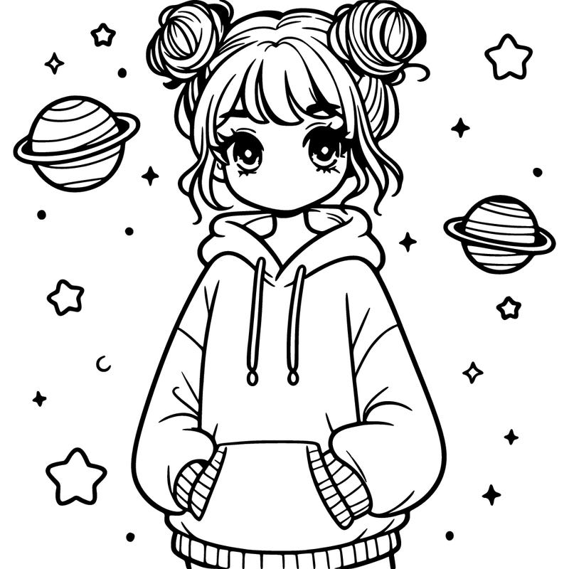 girl with space buns and an oversized hoodie