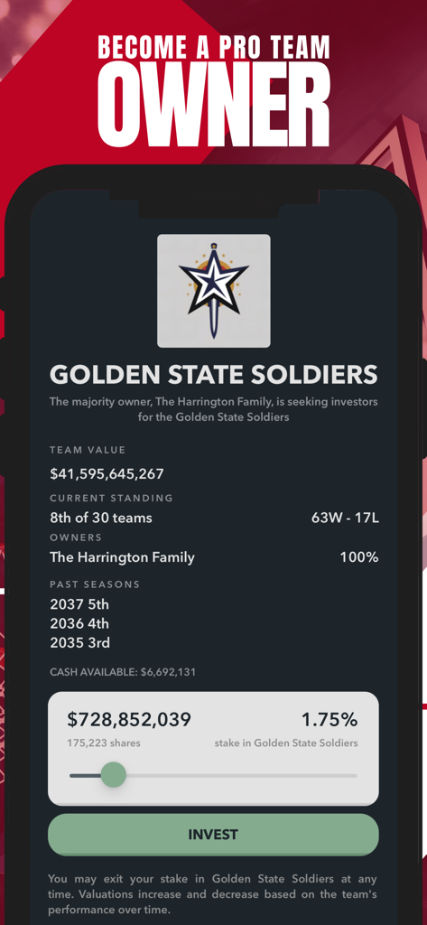 Basketball Agent Manager Star - Mobile app interface showing professional basketball team investment options and team value