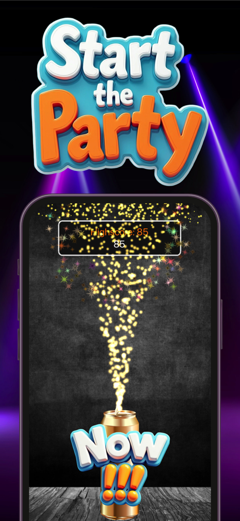 I have never ever +18 Dirty - Pantalla de inicio de un juego de fiesta en una aplicación móvil, mostrando un abridor de botellas explotando y una puntuación alta.