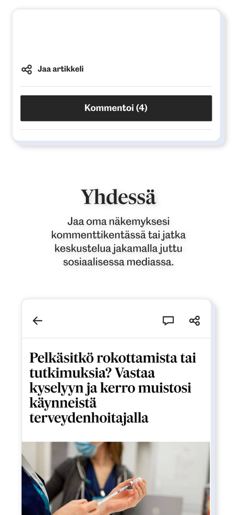 Pogostan Sanomat - Interface of the Pogostan Sanomat app displaying a local news article with comment and share options.