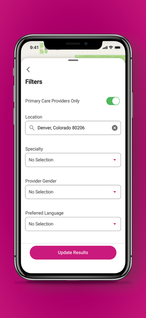 Ambetter Health app screen for filtering healthcare provider search results by location and specialty