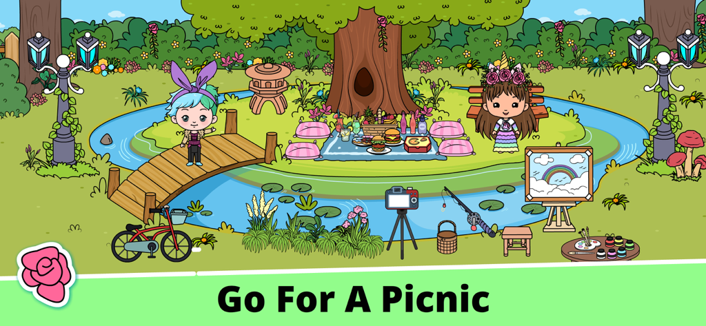 Tizi My World Avatar City Life - Zwei Cartoon-Avatare in einer Parkumgebung für ein Picknick mit Essen in der Nähe eines Teichs und eines großen Baumes