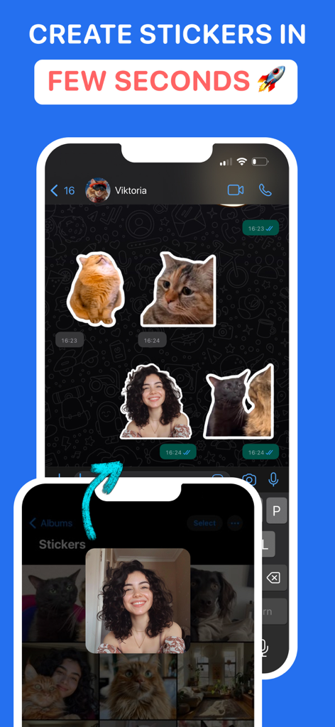 Top Sticker Maker for WhatsApp - Mobile app screen showing the creation of custom stickers from gallery photos for WhatsApp and Telegram