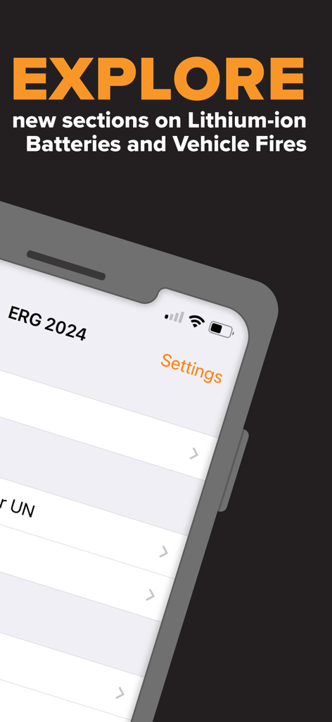 ERG for iOS - ERG for iOS app screenshot highlighting new sections on Lithium-ion Batteries and Vehicle Fires