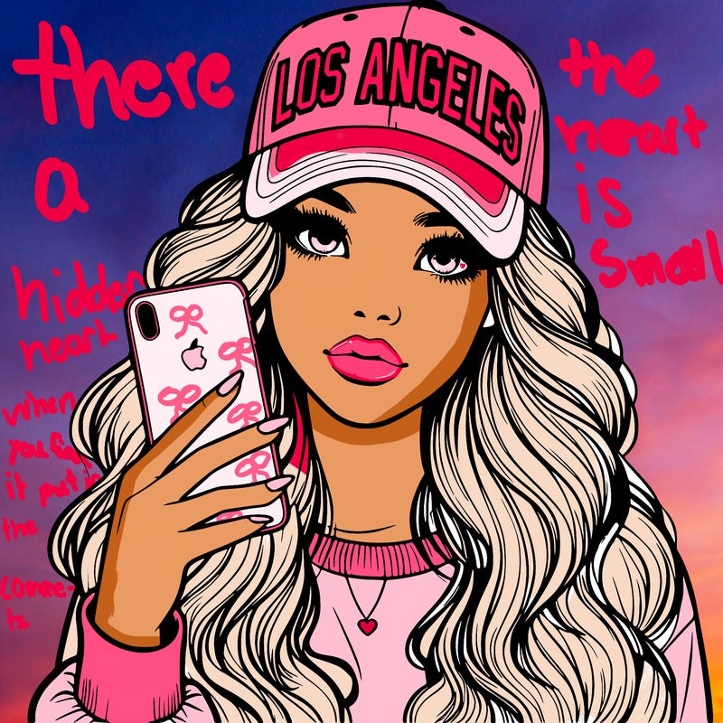 realistic beautiful girl wearing los ángeles cap holding an iphone