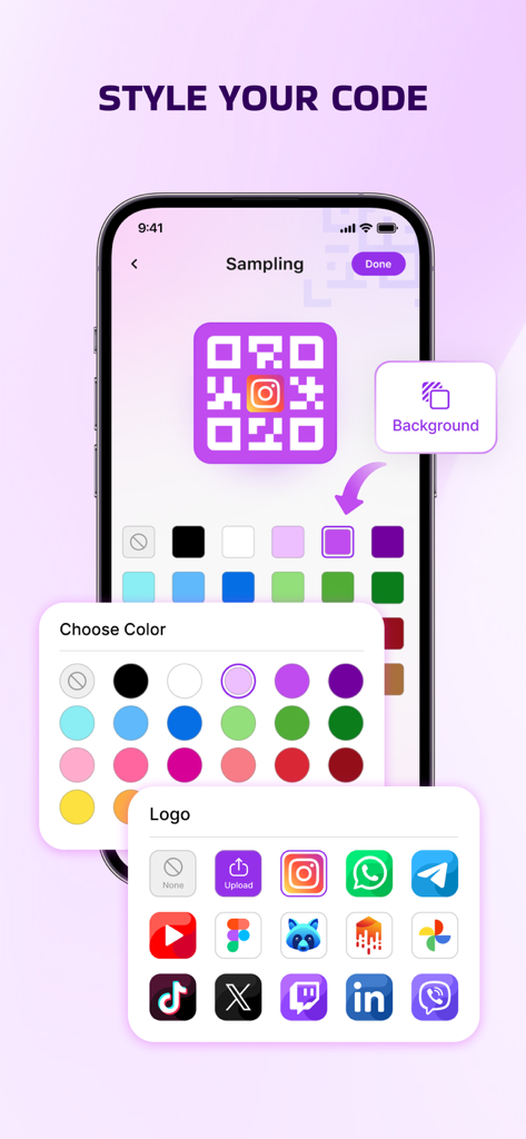 Scan QR Code - Barcode Maker - A smartphone screen showing options to style a QR code with custom colors and social media logos like Instagram and WhatsApp