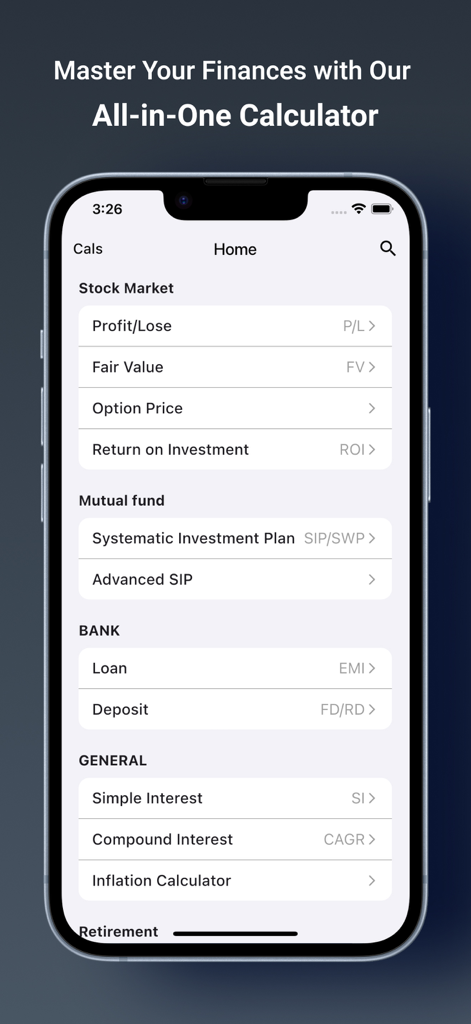 Financial Calculator Loan, SIP - Interfaz de la aplicación Calculadora Financiera mostrando varias secciones para el mercado de valores, fondos mutuos, banco y herramientas financieras generales.
