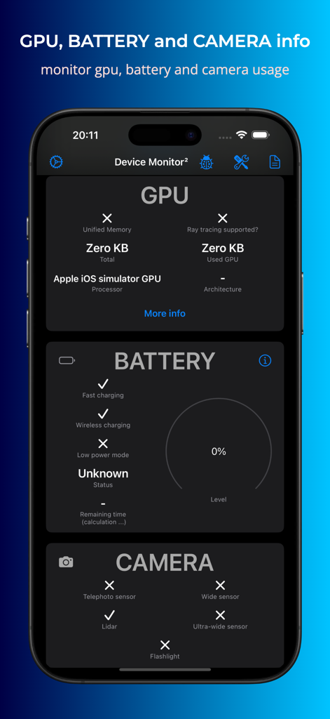 Device Monitor app screen showing hardware details for GPU battery and camera