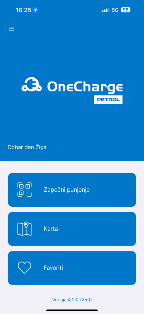 OneCharge HR - Main menu of the OneCharge HR electric vehicle charging app with buttons for charging map and favorites