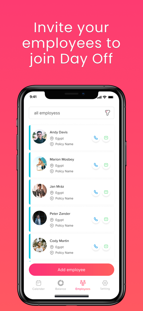 Day Off - Leave Tracker & PTO - Smartphone screen showing the Day Off app with an employee list and a button to add new employees