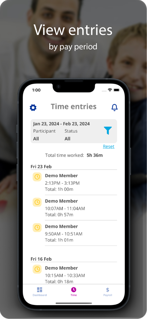 Time4Care - A smartphone screen showing the Time4Care app interface with a list of daily time entries and total hours worked by pay period.