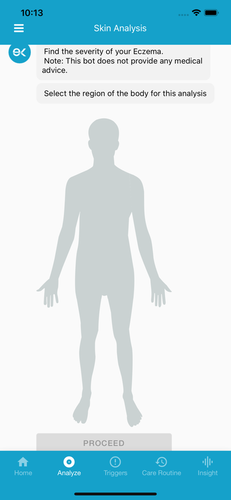 EczemaLess, an AI Eczema Guide - EczemaLess app interface for skin analysis showing a human silhouette to select the body region for eczema severity tracking