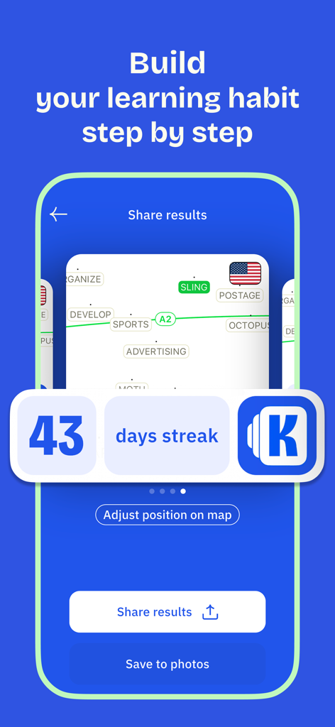 Karteto: Vocabulary Flashcards - A screenshot of the Karteto app displaying a 43-day learning streak and a vocabulary word map