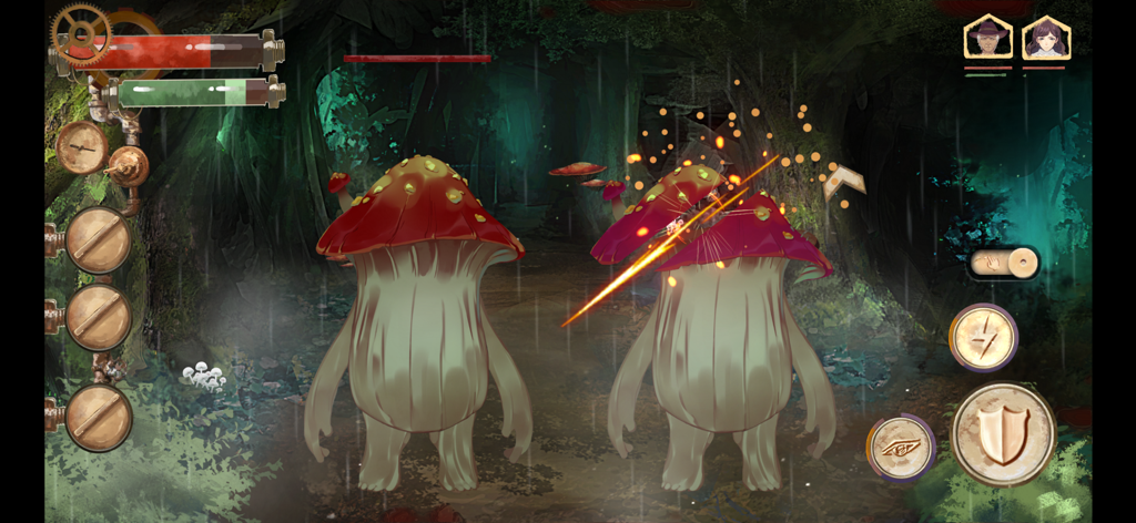 The Apocalypse Sacrifice - Captura de pantalla del juego de The Apocalypse Sacrifice que muestra un ataque de corte contra monstruos hongo en un bosque oscuro y lluvioso.