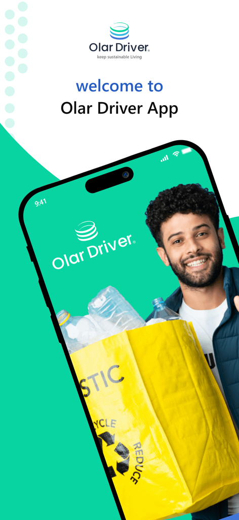 Olar Driver - Pantalla de bienvenida de la aplicación Olar Driver con un hombre sonriente sosteniendo una bolsa de reciclaje amarilla llena de botellas de plástico