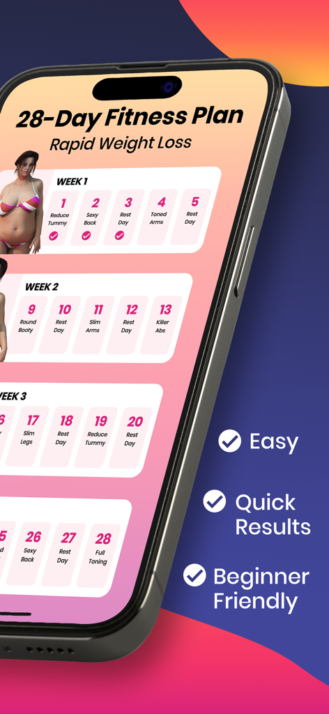 Wall Pilates: Fit Weight Loss - Wall Pilates app screen showing a personalized 28 day fitness plan for weight loss and body toning.