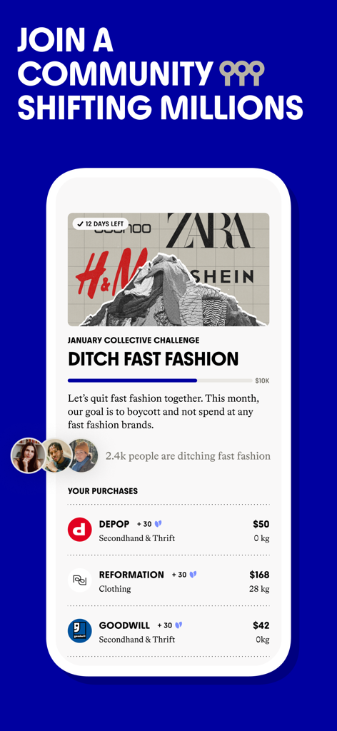 Commons: Make Your Money Count - Screenshot of the Commons app showing the Ditch Fast Fashion collective challenge and a list of sustainable purchases from Depop and Goodwill.
