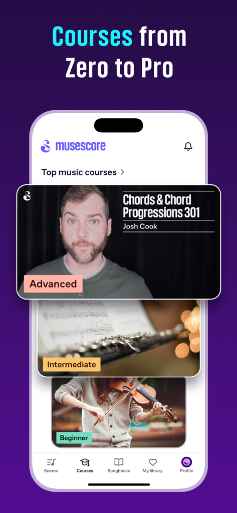 MuseScore: sheet music - MuseScore app interface showing music courses for beginner intermediate and advanced students