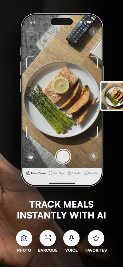 Synopsis: AI Calorie Tracker - A smartphone showing the Synopsis app interface capturing a photo of a healthy salmon and vegetable meal for instant AI tracking.