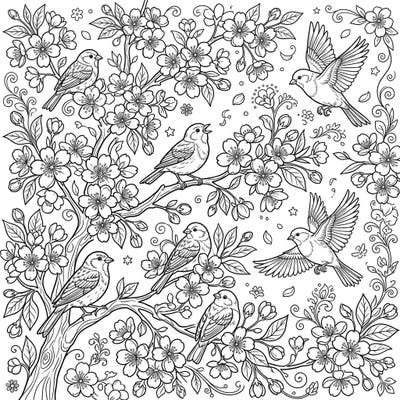 Delight in the beauty of spring with this intricate coloring page featuring cherry blossoms and various birds. A perfect blend of nature and art awaits your creative touch.