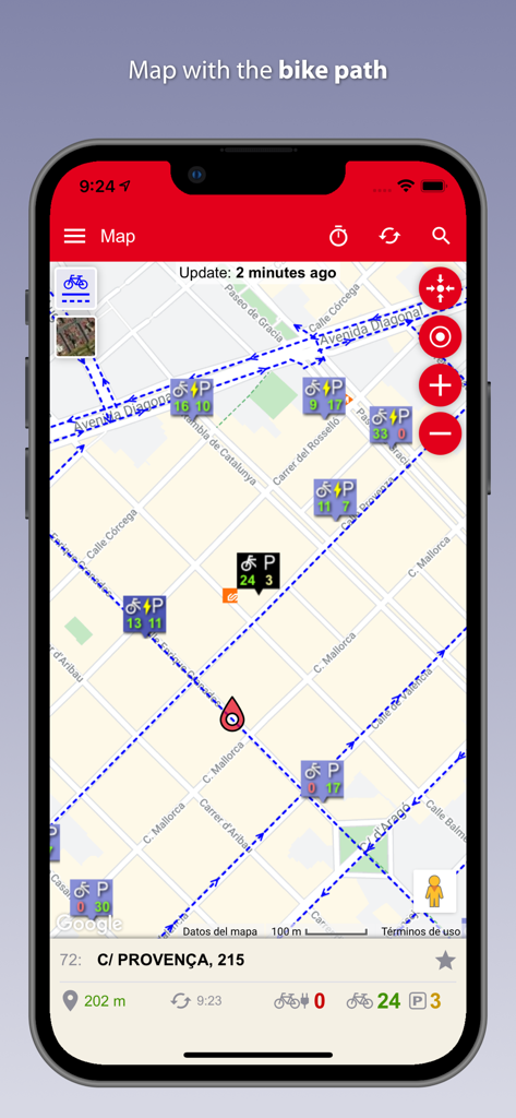 Bicis Barcelona app map screen displaying bike station availability and city bike paths