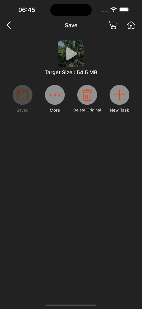Video compression success screen showing target file size and options to delete original video or start a new task