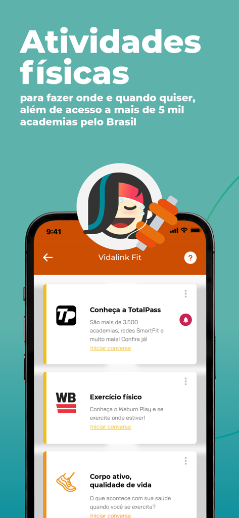 Vidalink - Vidalinkアプリのインターフェース。ジムへのアクセスや自宅でのワークアウトを含む、フィットネスや身体活動のメリットが表示されています。