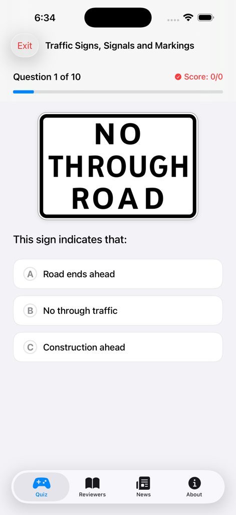 LTO Driver's Exam Reviewer - Quiz prático para exame de carteira de motorista LTO mostrando uma questão de sinal de trânsito