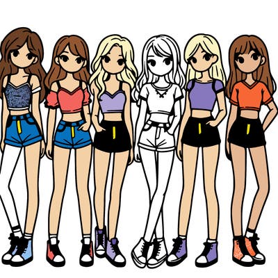 a group of girls wearing crop tops and shorts