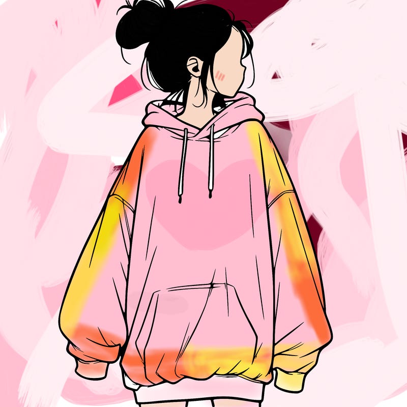 realistic girl with a oversized sweatshirt on and a bun