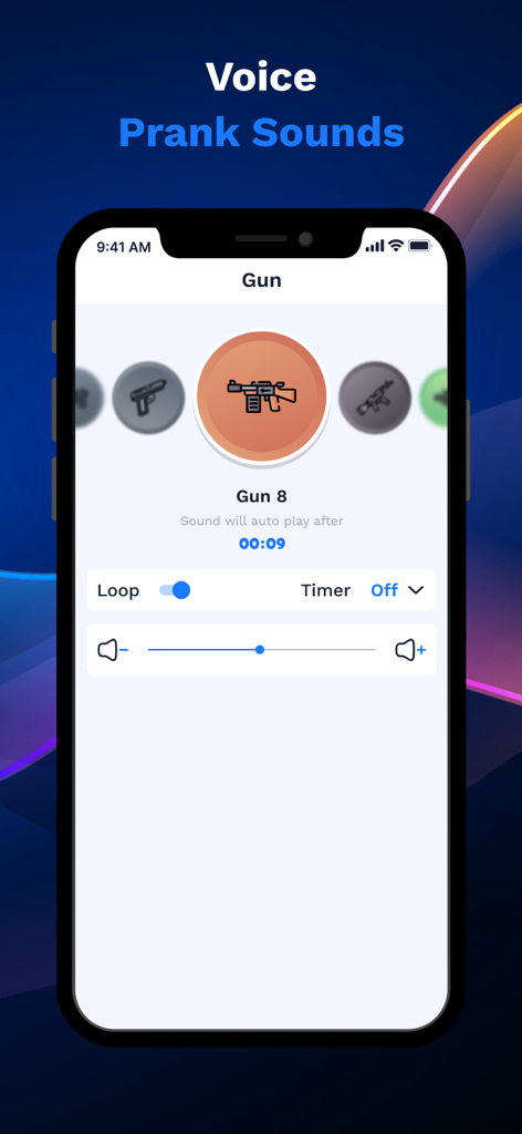 AI Voice Generator app interface showing gun sound prank effects
