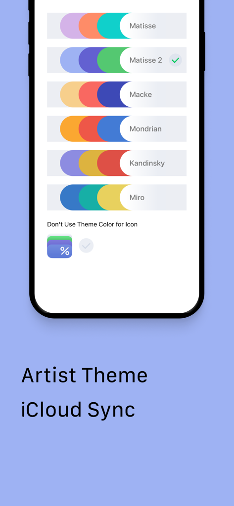 Artist inspired color themes and iCloud sync settings in the Percento net worth tracker app