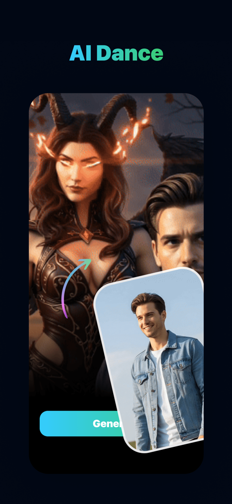 Sizzling - Interface do aplicativo Sizzling AI mostrando o recurso AI Dance com uma transformação de foto para vídeo