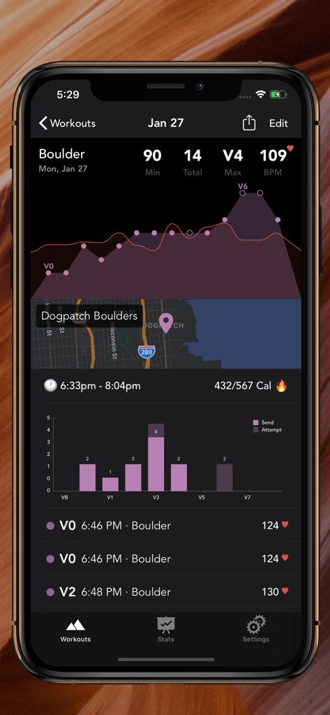 Pinnacle Climb Log app display of a bouldering session with grade progress charts and heart rate metrics.
