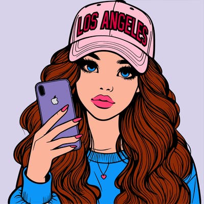 realistic beautiful girl wearing los ángeles cap holding an iphone