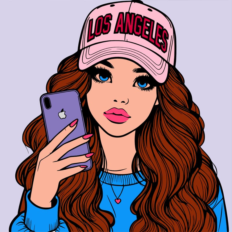 realistic beautiful girl wearing los ángeles cap holding an iphone